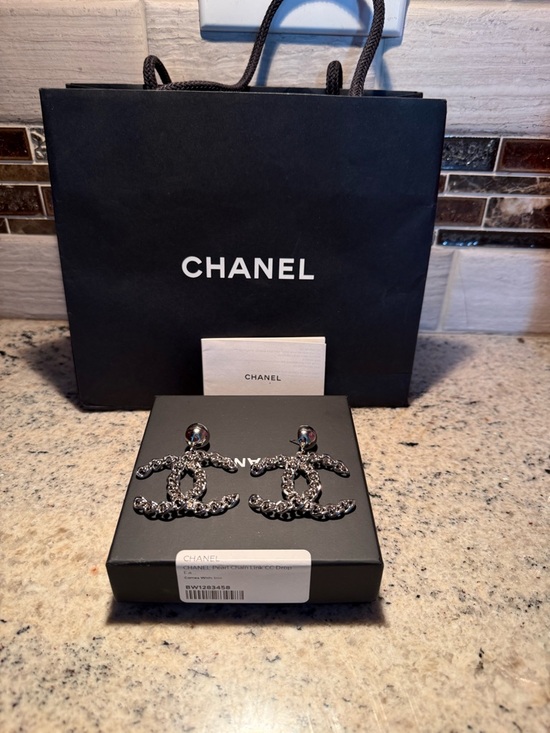 CHANEL Jewelry - CHANEL Silver Chain Logo Earrings